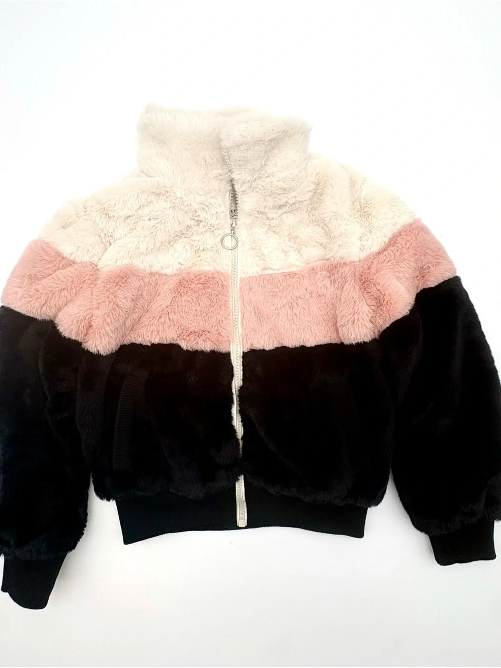 NWT Urban Republic Girls Faux Fur Colorblock Bomber Jacket Pink Cream Black 6X